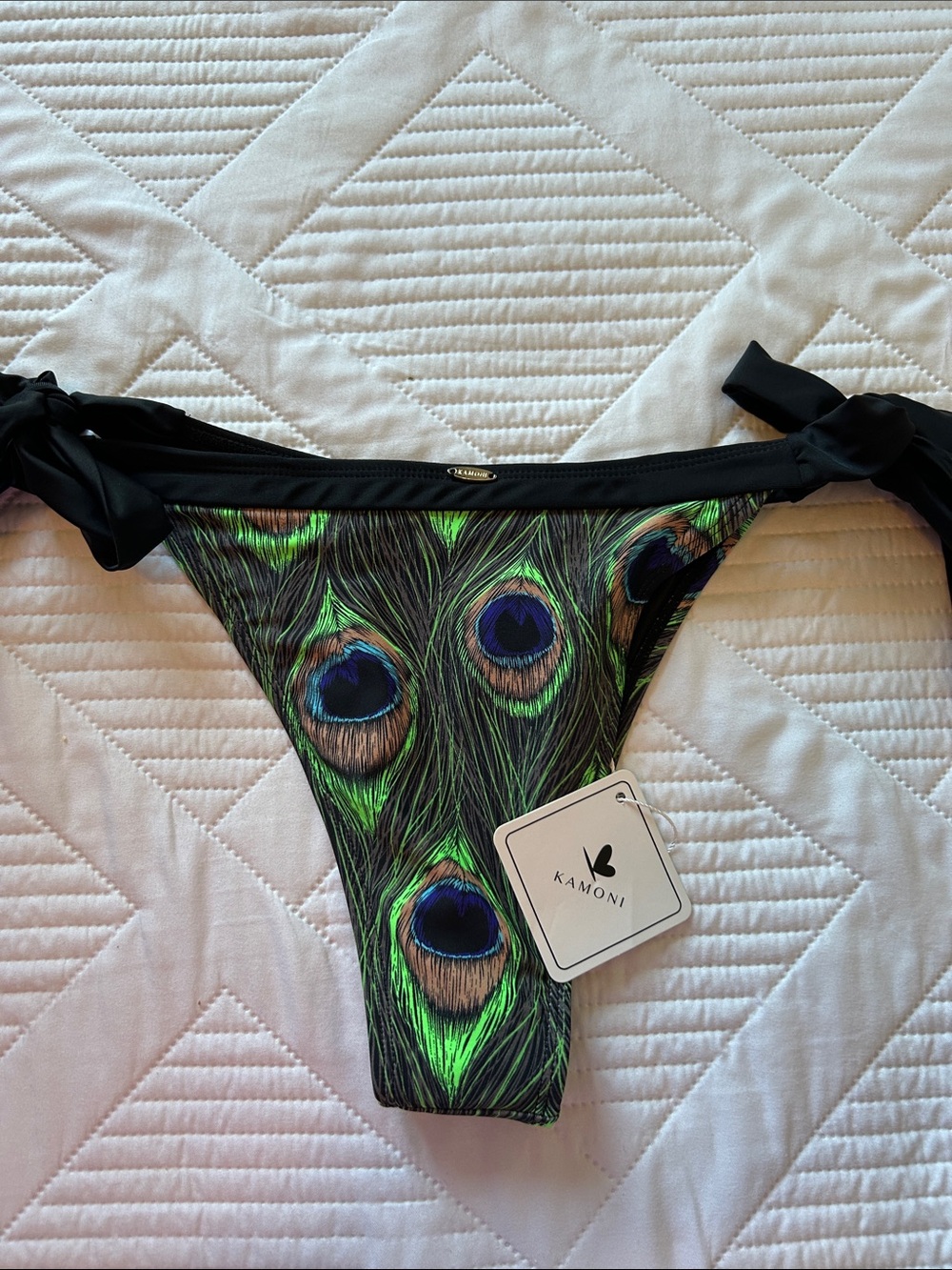 Kimoni Women’s Black Tie-Side Bikini Bottom with Peacock Print